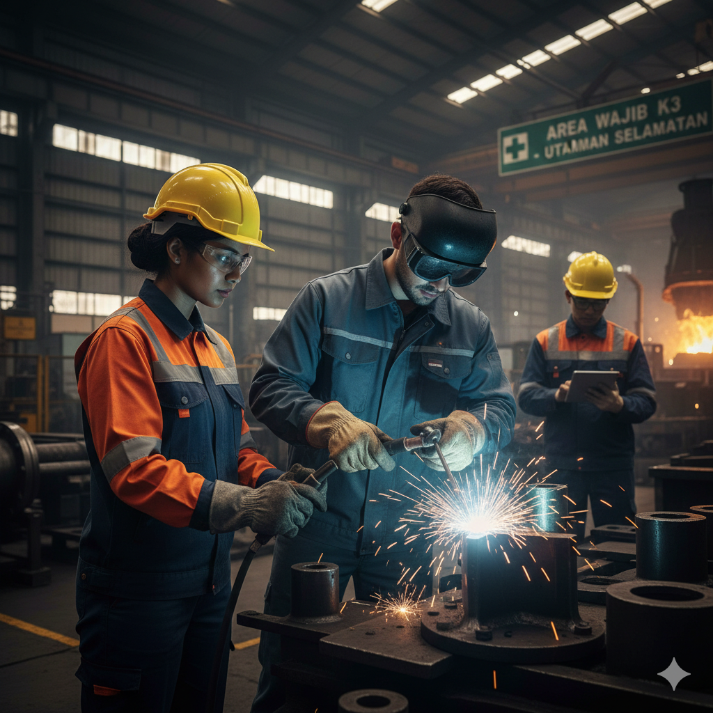 Pekerja las dengan baju kerja safety dan APD lengkap di pabrik industri berat, menyoroti standar K3 dan perlindungan.