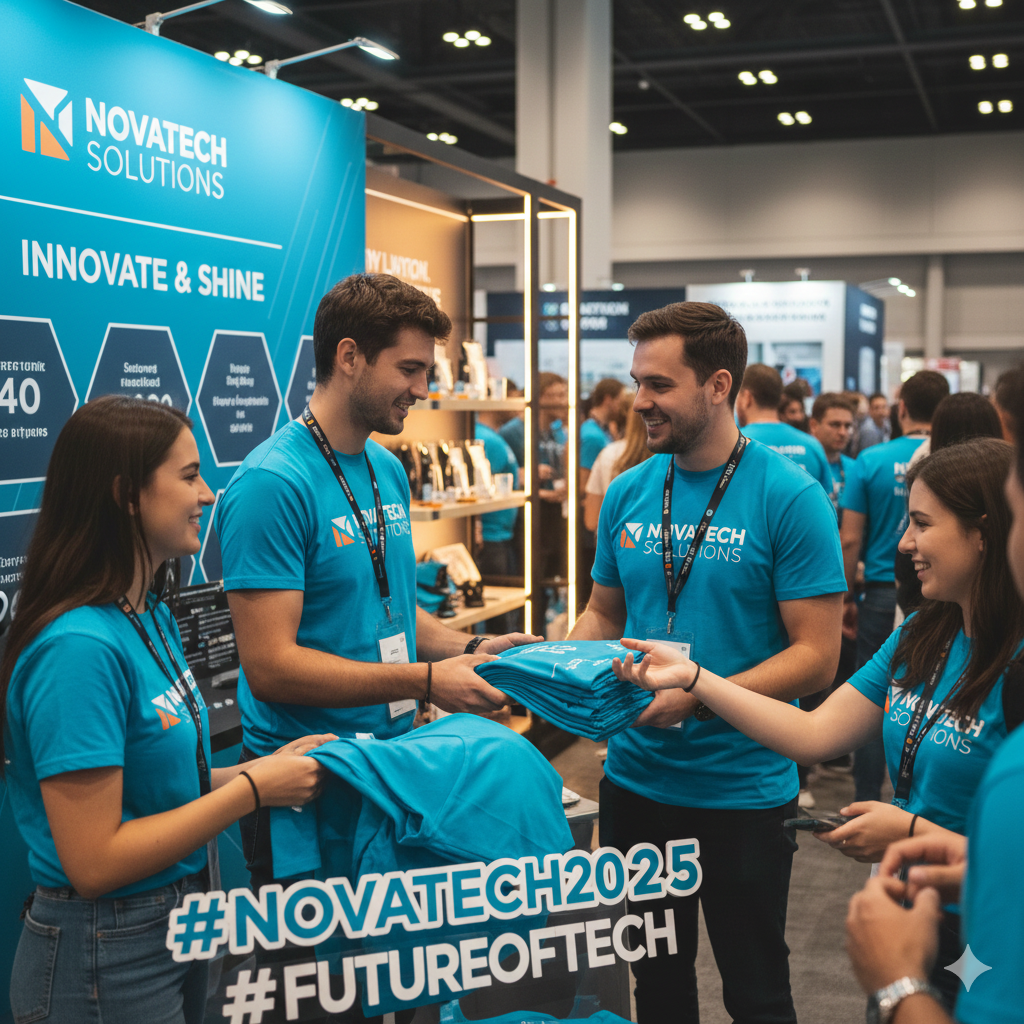 Stand pameran di event dengan staf mengenakan kaos promosi berwarna cerah, pengunjung berinteraksi, contoh strategi pemasaran kaos event.