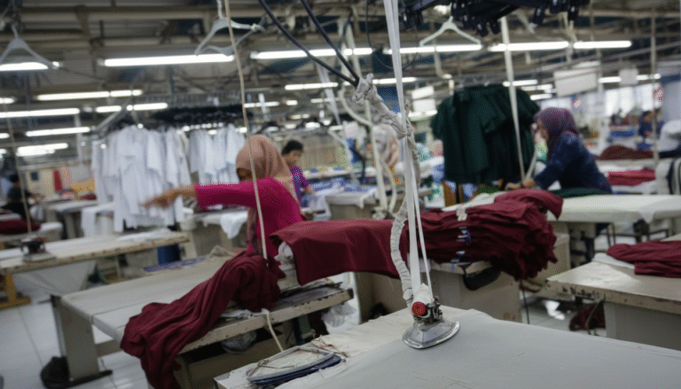 Pabrik garmen dengan banyak mesin jahit dan pekerja memproduksi seragam